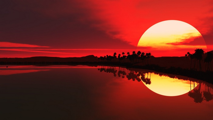 Sunset over a lake with palm trees