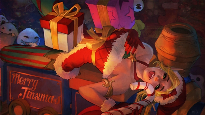 Jinx from League of Legends in Christmas attire