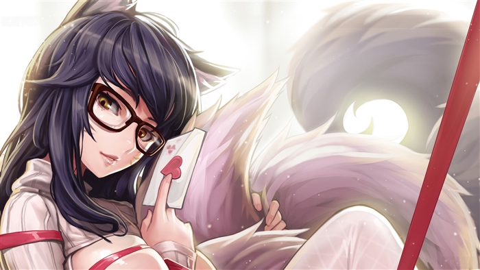 Ahri from League of Legends with glasses and card