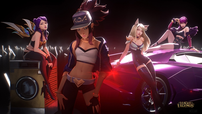 K/DA members from League of Legends posing with a car