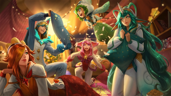 Pajama Guardians Miss Fortune, Soraka, Ezreal, Lulu, and Lux from League of Legends 4K