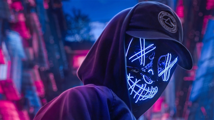 Man in Neon Mask and Hoodie with Cap 4K