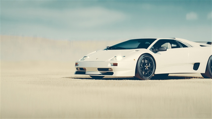 White Lamborghini Diablo in a desert landscape 4K