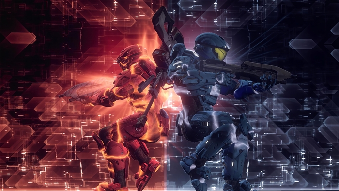 Two armored figures, one red and one blue, stand back-to-back in a digital landscape.