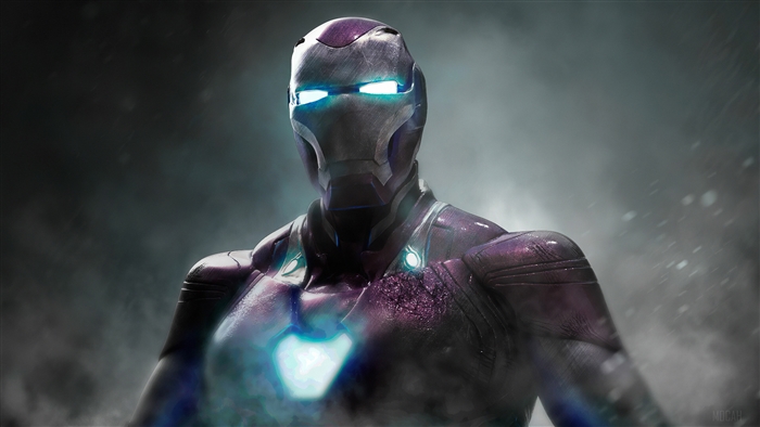 Iron Man in purple suit with glowing blue eyes 4K