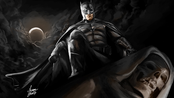 Batman sitting on a skeleton in front of the moon