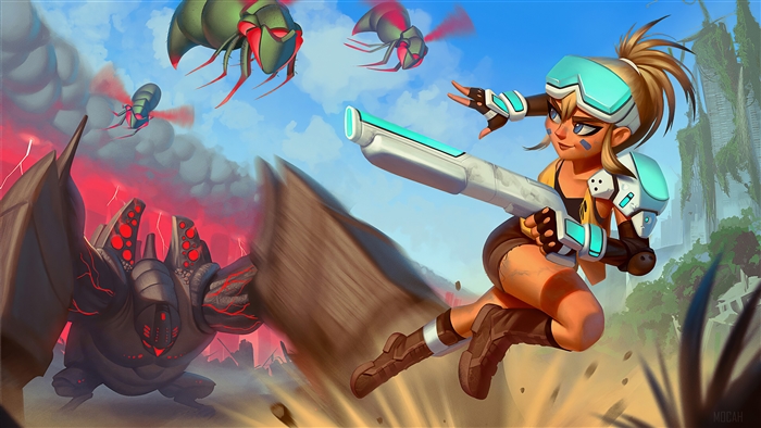 Girl with gun fighting insectoid creatures and a large monster