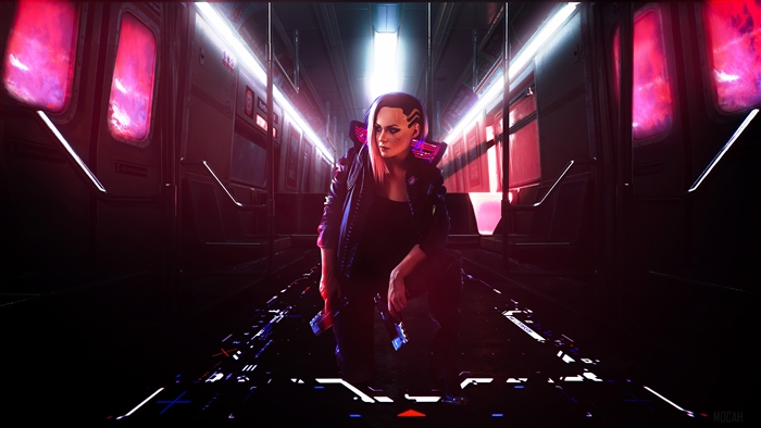 Female character from Cyberpunk 2077 in a subway 4K