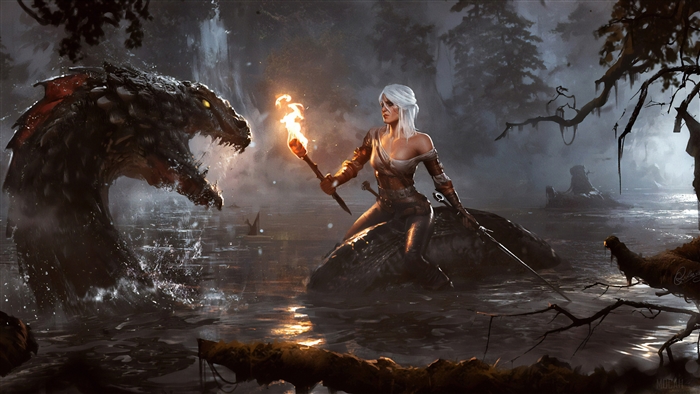Ciri from The Witcher fighting a monster in a swamp 4K
