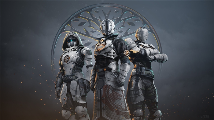 Three armored warriors in front of a circular emblem 4K