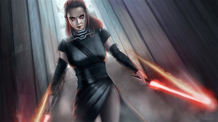 Evil Rey from Star Wars with dual lightsabers 4K