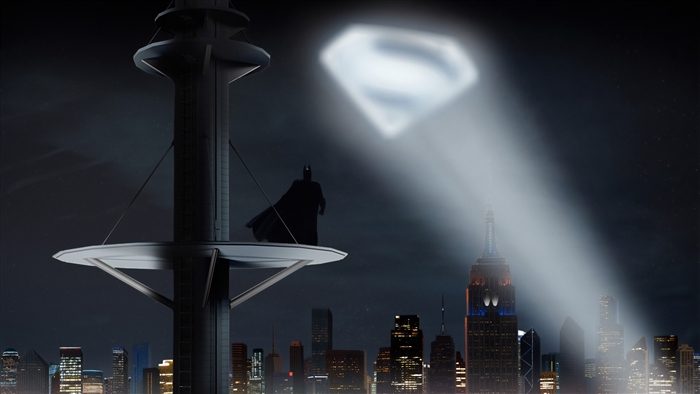 Batman from DC Comics looking at Superman logo 4K