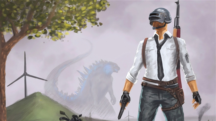 PUBG character with Godzilla in background 4K