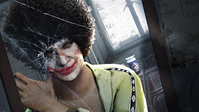 Joker from PUBG with afro in cracked mirror 4K