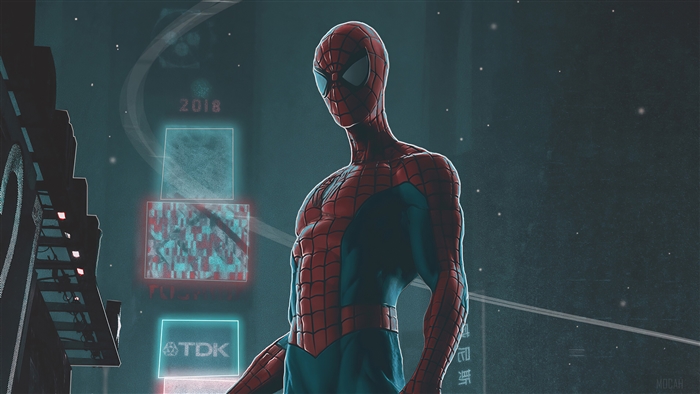 Spiderman in a futuristic city at night 4K