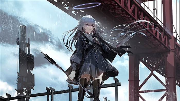 Anime girl with halo and rifle on bridge