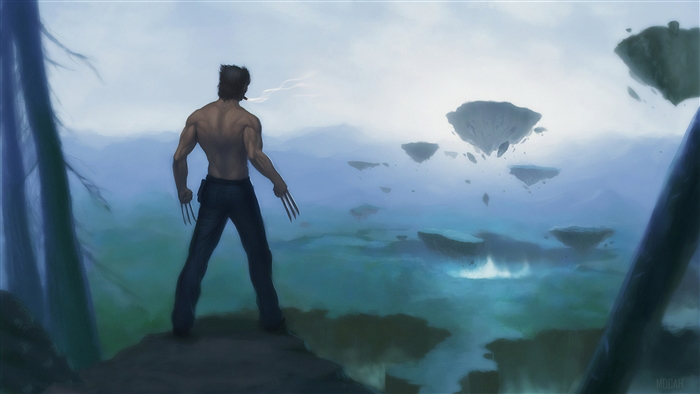 Wolverine standing on a cliff overlooking floating islands