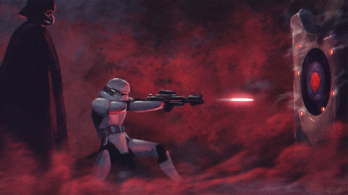 Stormtrooper aiming a blaster rifle with Darth Vader behind
