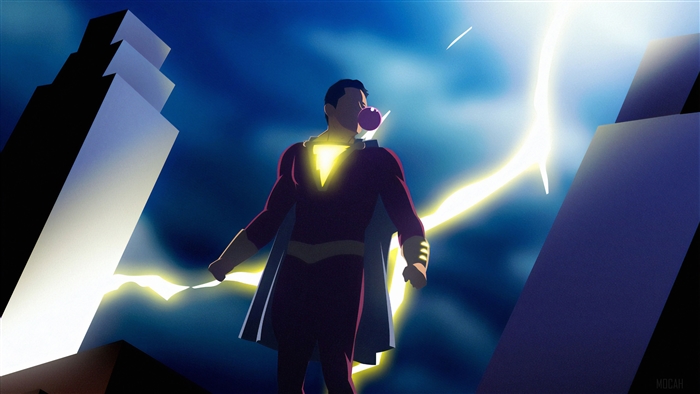 Shazam blowing a bubble in a city during a lightning storm