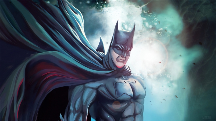 Batman in dark suit with flowing cape
