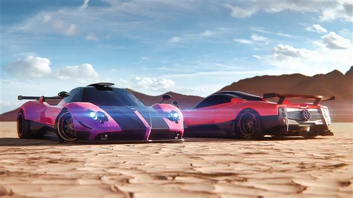 Two Pagani Zonda cars in a desert landscape