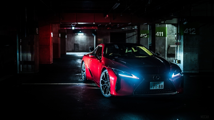 Red Lexus LC 500 in a dark parking garage 4K