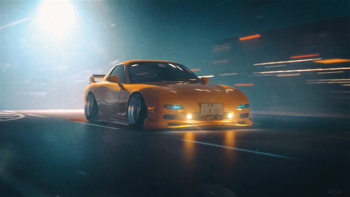 Orange Mazda RX7 in Motion at Night 4K