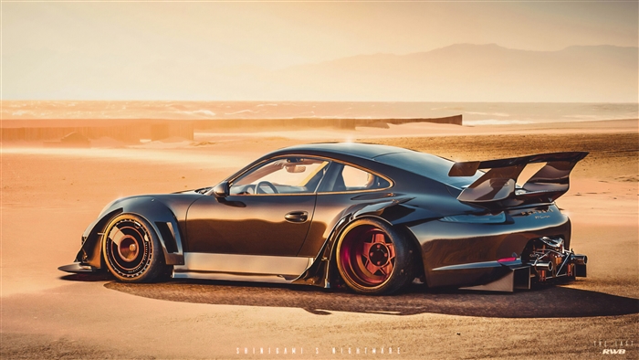 Custom Porsche 911 RWB on a beach 4K