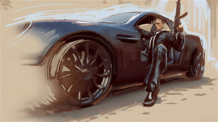 James Bond in a car with a rifle