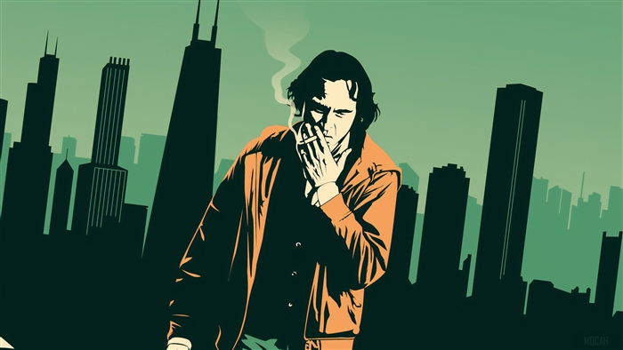 Joaquin Phoenix smoking in front of a city skyline