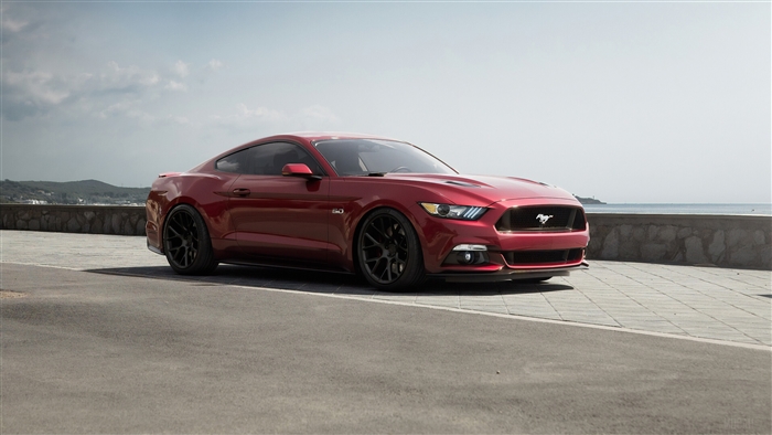 Red Ford Mustang 5.0 parked by the sea 4K