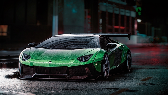 Green Lamborghini Aventador in Rainy Night 4K