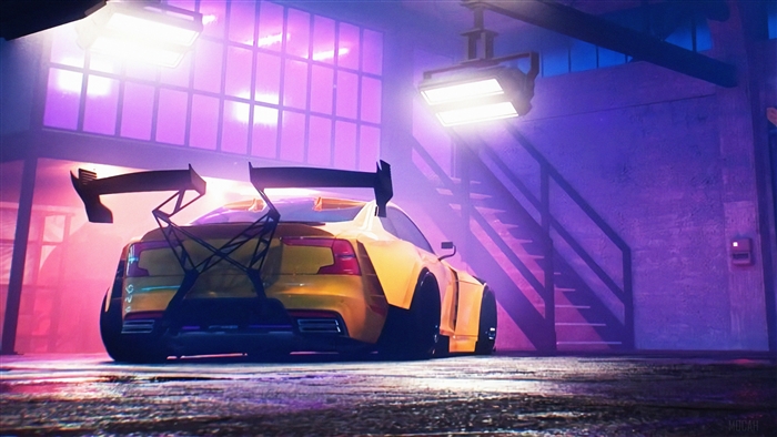 Yellow sports car with spoiler in garage