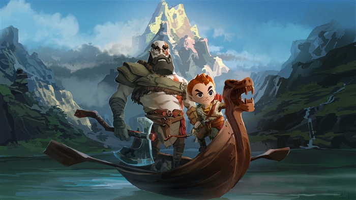 Kratos and Atreus from God of War in a boat 4K