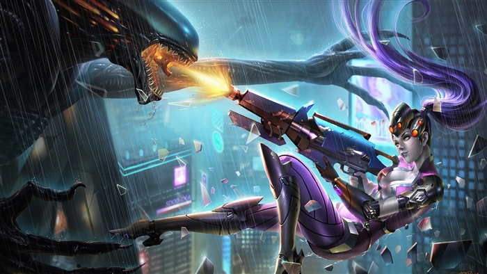 Widowmaker from Overwatch fighting a Xenomorph in 4K