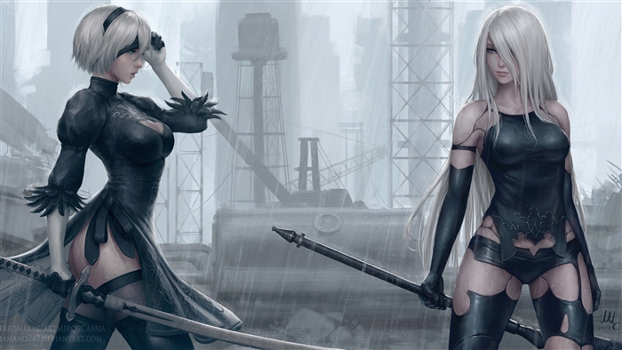 2B and A2 from Nier Automata in Rain 4K