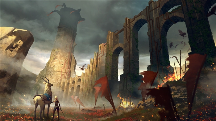 Ruined ancient structures with a woman and a deer