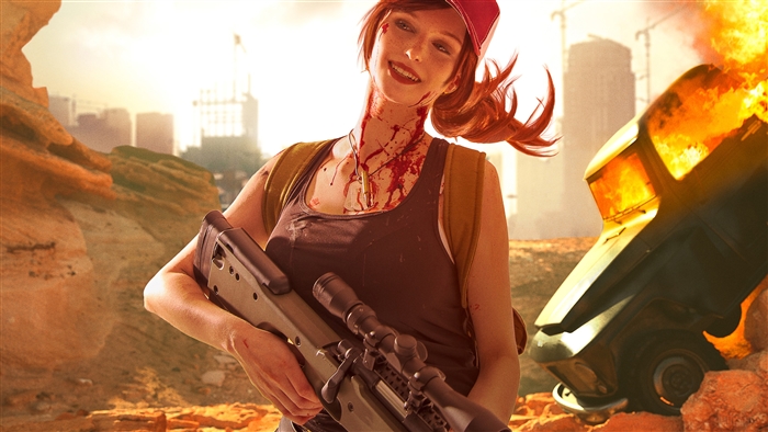 Woman with sniper rifle and burning car
