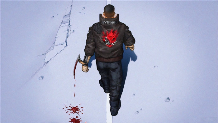 Cyberpunk 2077 character with bloody cybernetic arm