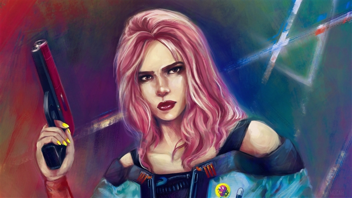 Cyberpunk Girl with Pink Hair and Gun 4K
