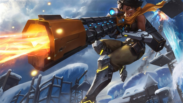 Girl with large weapon in snowy environment