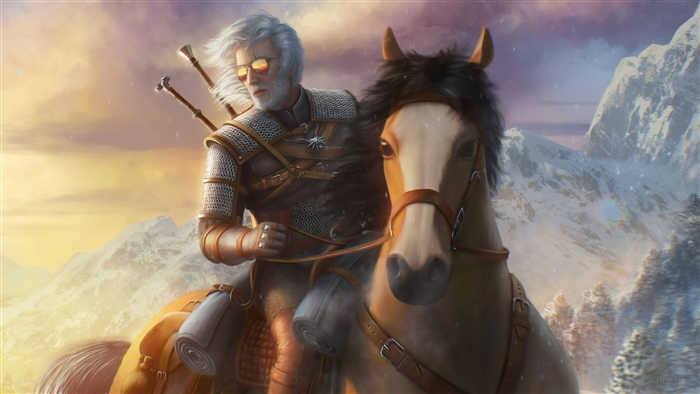 Geralt of Rivia from The Witcher on horseback in mountains 4K