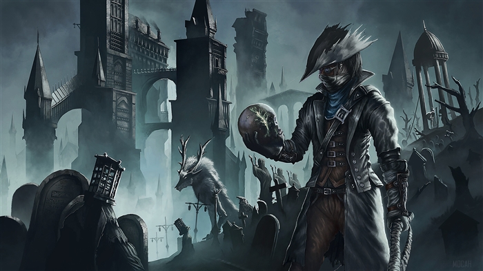 Hunter holding skull in Bloodborne 4K