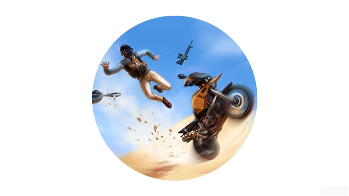 PUBG character falling off a motorcycle in a desert
