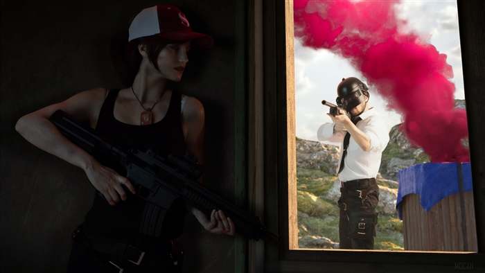 Woman with rifle and man with smoke grenade in PUBG