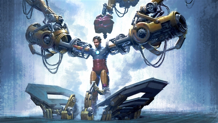 Tony Stark in Iron Man Suit with Robotic Arms