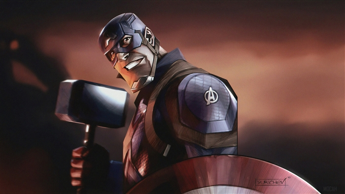 Captain America from Marvel holding Mjolnir 4K