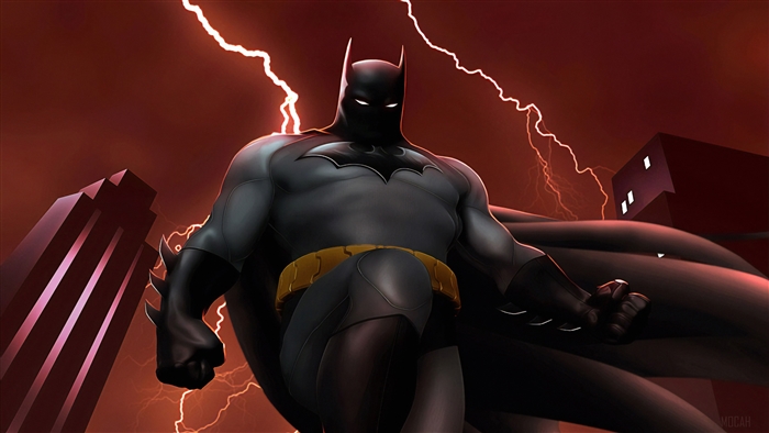Batman in Gotham City during a thunderstorm