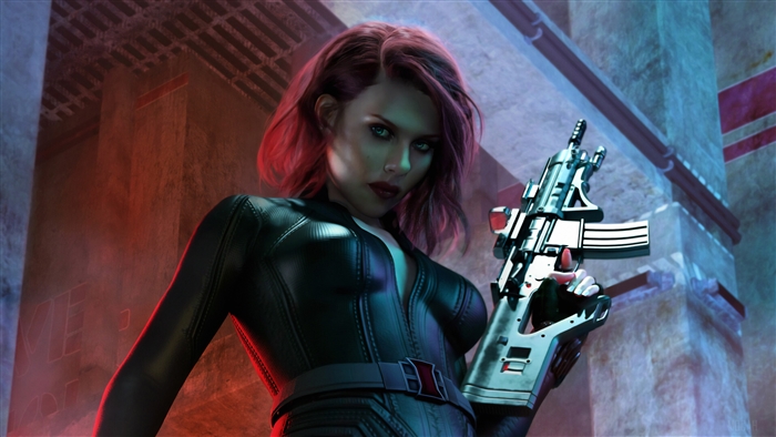 Black Widow holding a rifle