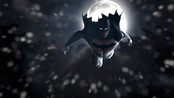 Batman flying in front of the moon